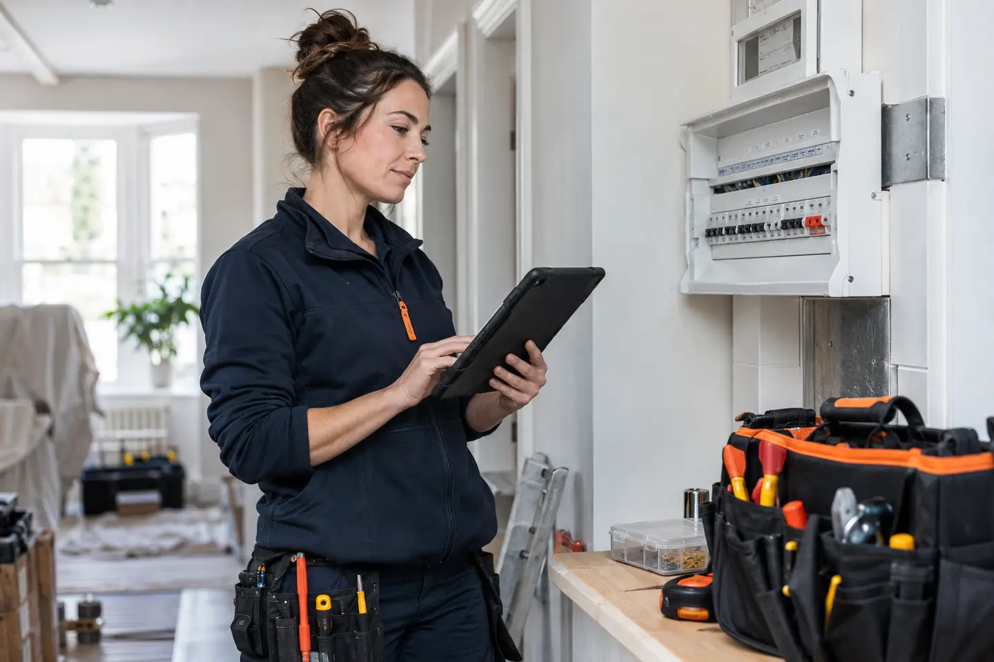 Electrician reviewing job information on a tablet beside an electrical consumer unit